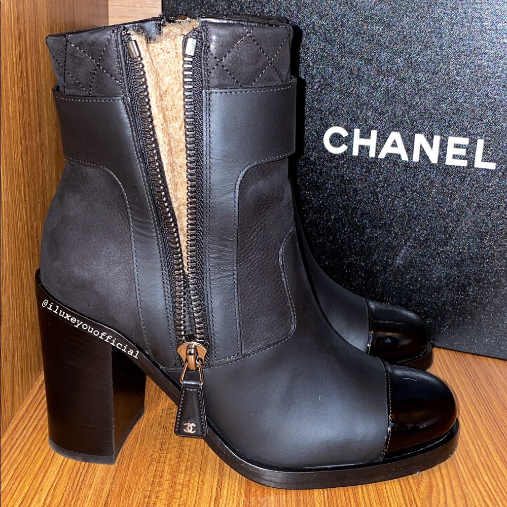 Chanel Ankle Boots 38.5 Black Leather & Camel accents Patent Cap Toe @iluxeyou